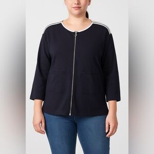 Joan Vass black white trim cardigan jacket zip up three quarter sleeves